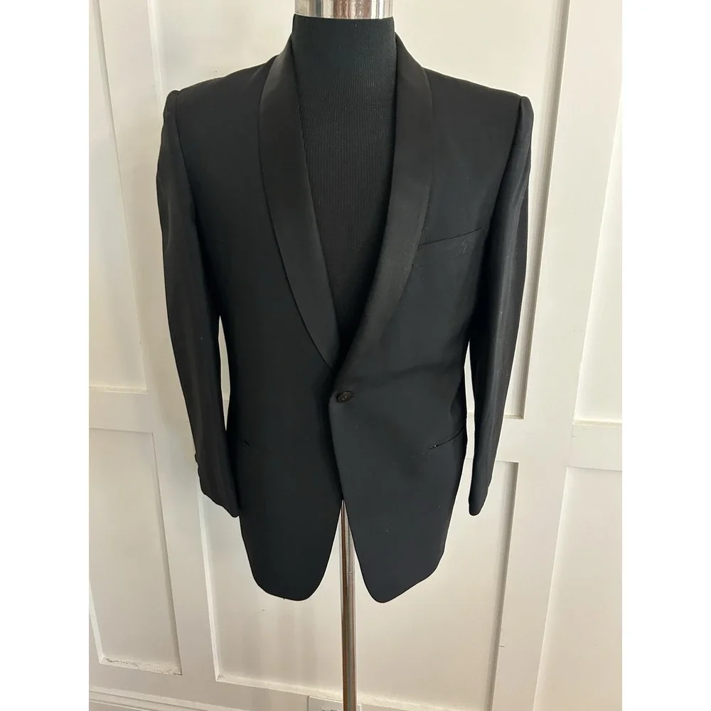 VTG 50s Dinner Jacket Mens Black Satin Shawl Lapel Tuxedo Coat USA Sakowitz 40